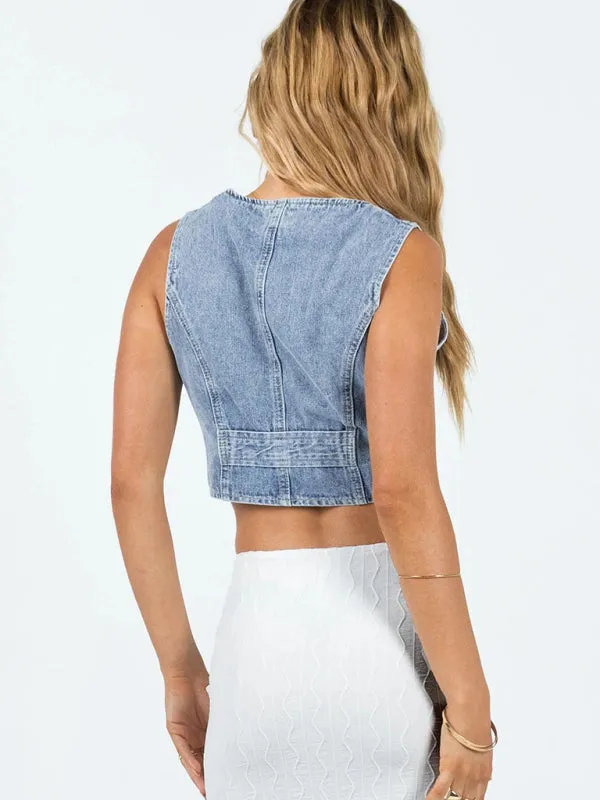 Women's Sleeveless Button-Up Crop Vest - Washed Denim Top