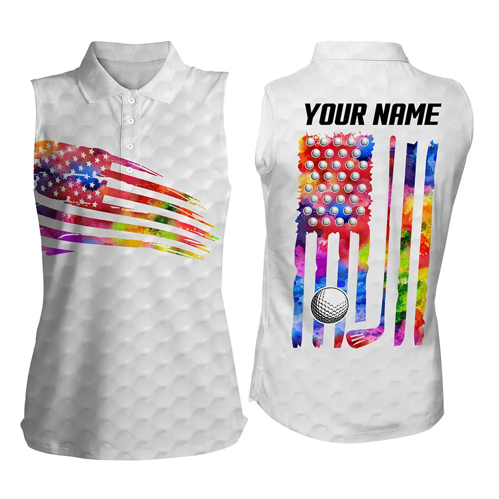 Womens Sleeveless polo shirt, watercolor American flag patriotic golf shirts custom golf tops