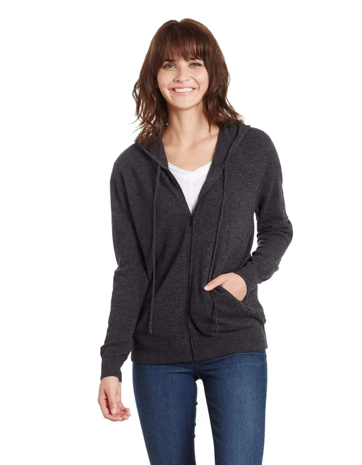 Women's Zip Up Cashmere Hoodie Drawstring Closure and Pockets