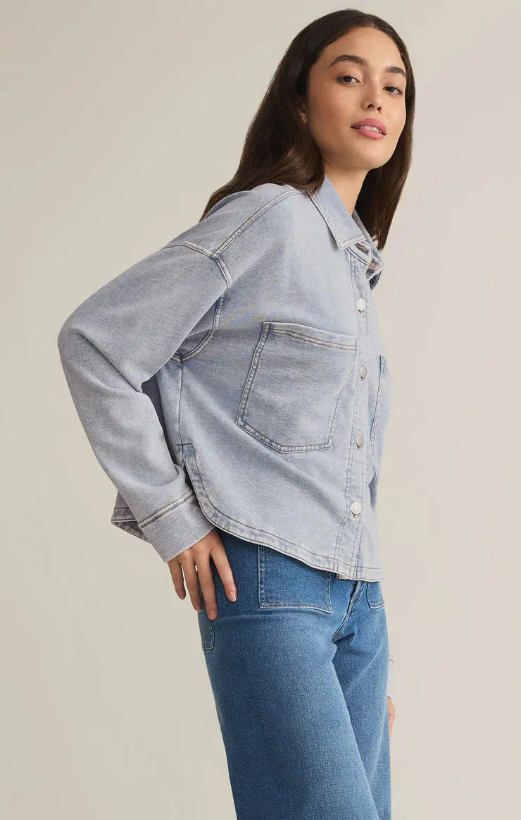 ZSU All Day Cropped Knit Denim Jacket in Washed Indigo