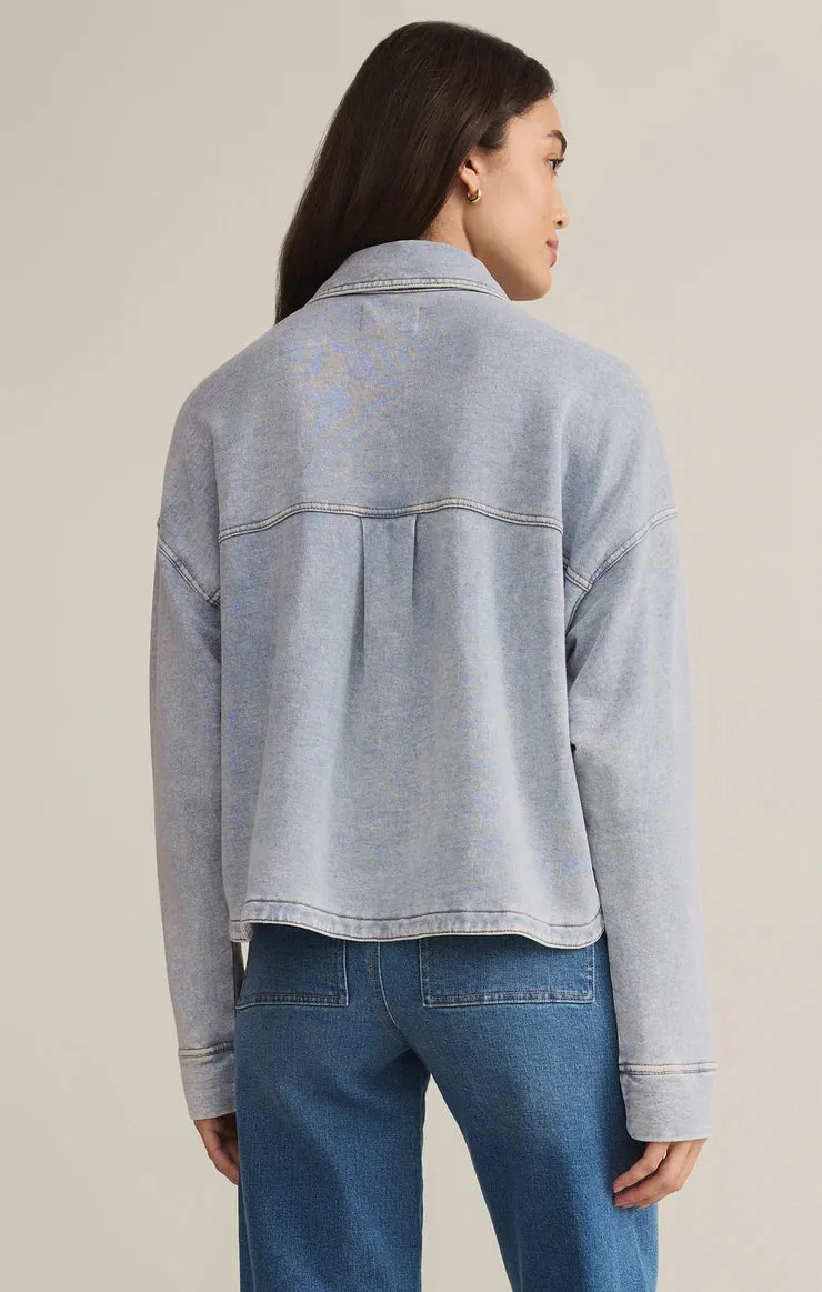 ZSU All Day Cropped Knit Denim Jacket in Washed Indigo